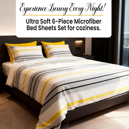 6-Piece Queen Size Bed Sheet Set - Deep Pocket, Striped Pattern, Soft and Breathable Bed Sheets, Microfiber Material, Includes 1 Fitted, 1 Flat, 4 Pillowcases - Grey/Yellow Stripe