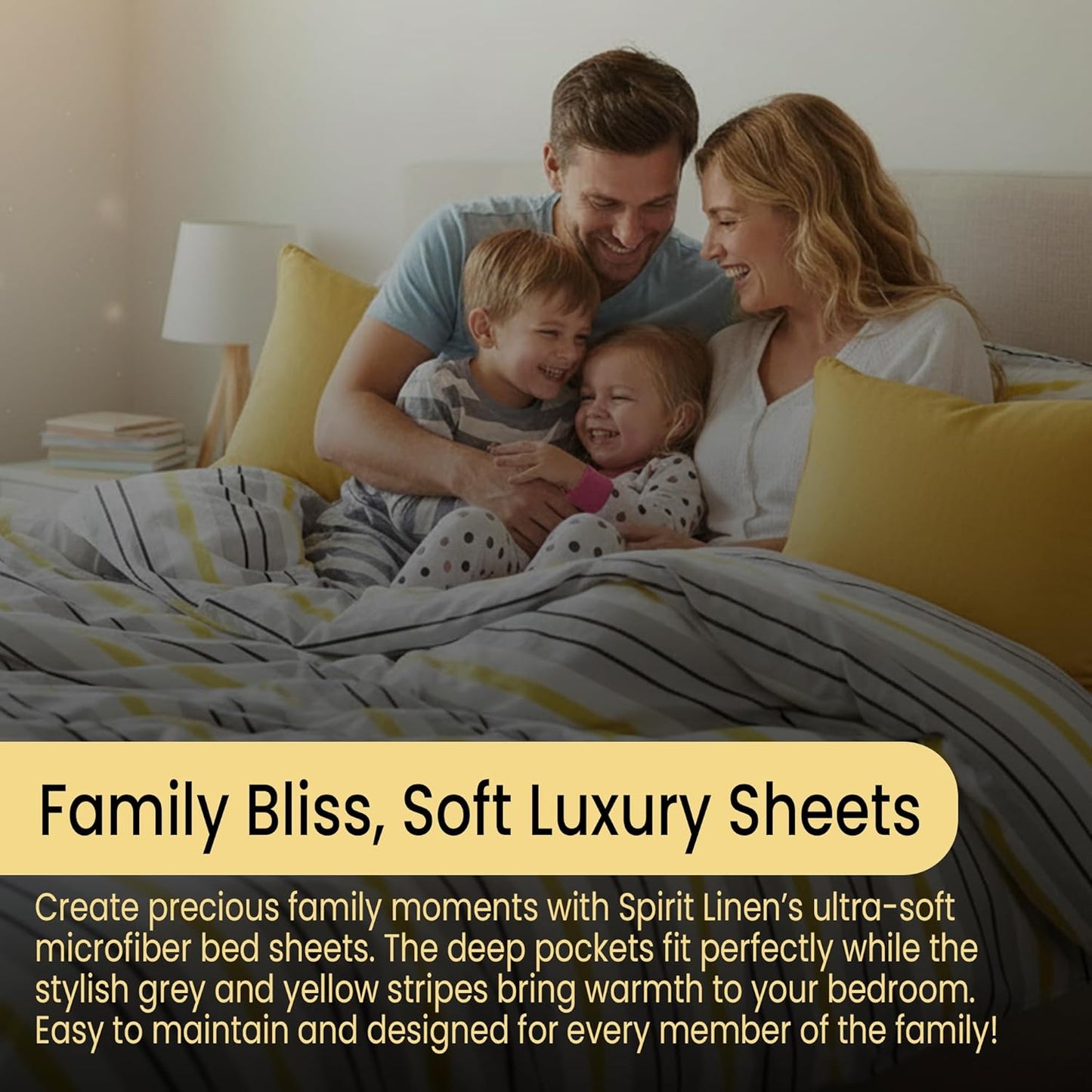 6-Piece Queen Size Bed Sheet Set - Deep Pocket, Striped Pattern, Soft and Breathable Bed Sheets, Microfiber Material, Includes 1 Fitted, 1 Flat, 4 Pillowcases - Grey/Yellow Stripe