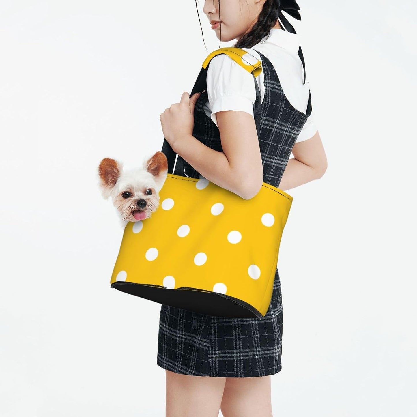 Yellow Polka Dots Dog Purse Carrier for Small Dogs Cats, Cute Portable Foldable Soft Sided Small Pet Carrier Tote Bag for Outdoor