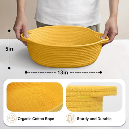 Yellow Woven Basket, 13" x 9" x 5" Baskets for Gifts Empty, Cute Cotton Rope Cat Dog Toy Bin Box, Small Woven Bin for Organizing, Yellow Room Decor, Nursery Cloth Diaper Storage Organizer