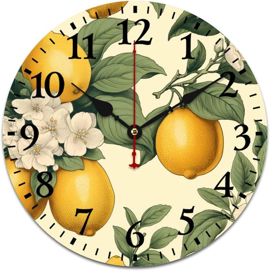 Wooden Wall Clocks Yellow Lemon Farmhouse Round Wooden Decorative Battery Operated Quartz Analog Quiet Watercolor Lemon with Green Leaves Pattern Wall Clock 16 Inch Home/Office/Kitchen Decor