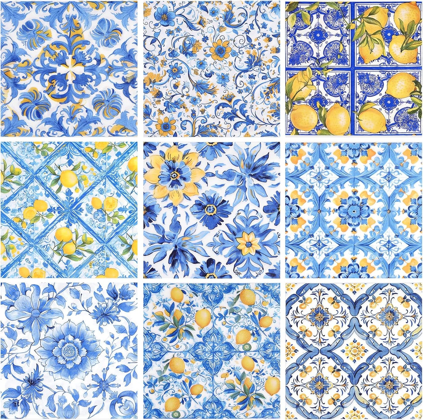 72pcs Mediterranean Luncheon Napkins – 3-Ply Paper Napkins with Mixed 9 Amalfi Coast Designs, Blue & Yellow Italian Lemon Tile Table Napkins, 13x13 inch for Dining & Party Décor