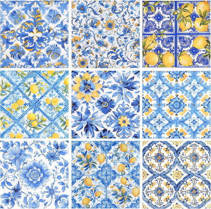 72pcs Mediterranean Luncheon Napkins – 3-Ply Paper Napkins with Mixed 9 Amalfi Coast Designs, Blue & Yellow Italian Lemon Tile Table Napkins, 13x13 inch for Dining & Party Décor