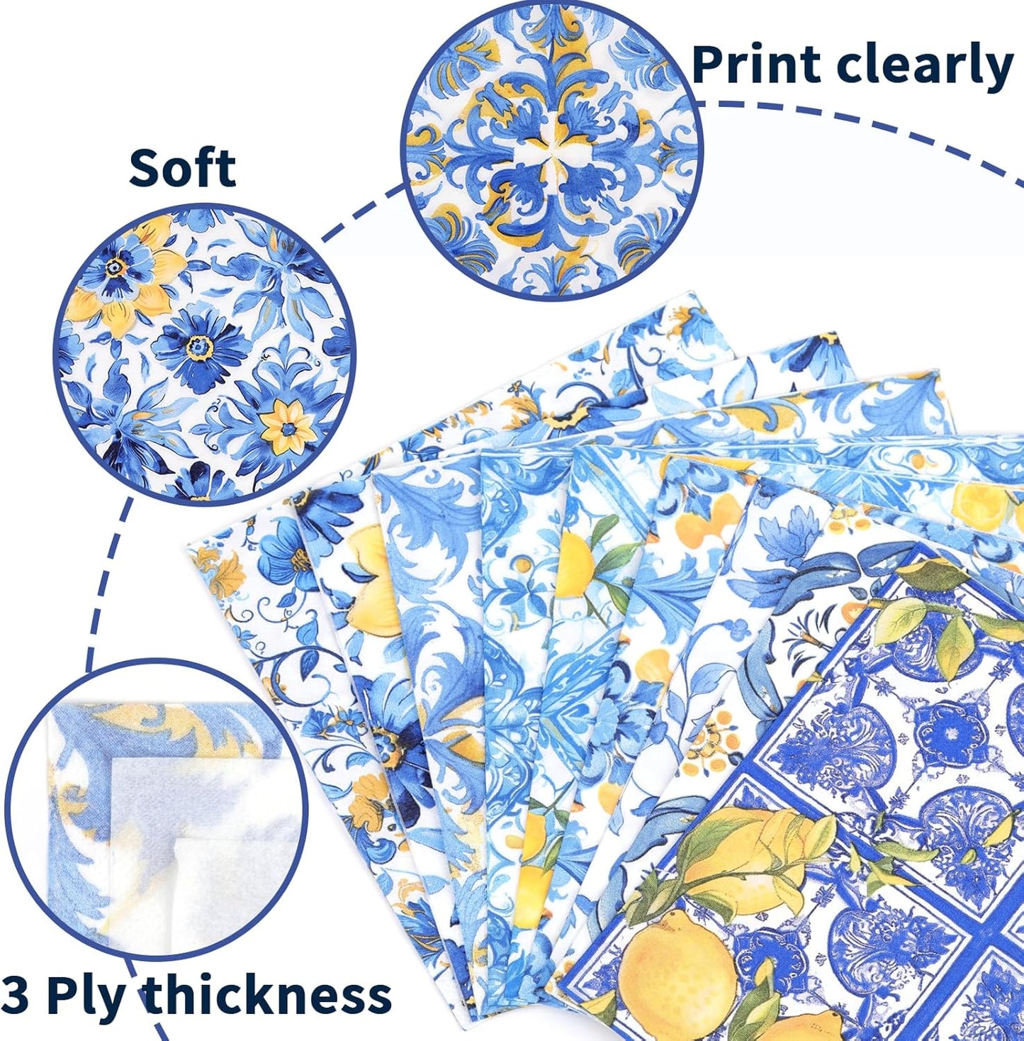 72pcs Mediterranean Luncheon Napkins – 3-Ply Paper Napkins with Mixed 9 Amalfi Coast Designs, Blue & Yellow Italian Lemon Tile Table Napkins, 13x13 inch for Dining & Party Décor