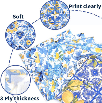 72pcs Mediterranean Luncheon Napkins – 3-Ply Paper Napkins with Mixed 9 Amalfi Coast Designs, Blue & Yellow Italian Lemon Tile Table Napkins, 13x13 inch for Dining & Party Décor