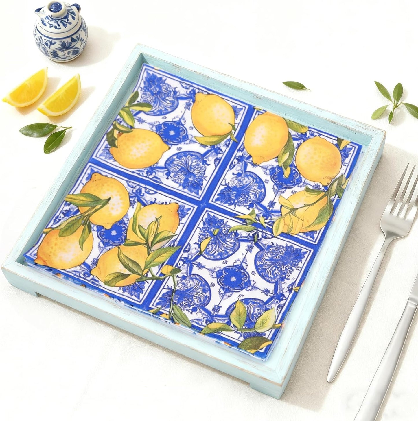 72pcs Mediterranean Luncheon Napkins – 3-Ply Paper Napkins with Mixed 9 Amalfi Coast Designs, Blue & Yellow Italian Lemon Tile Table Napkins, 13x13 inch for Dining & Party Décor