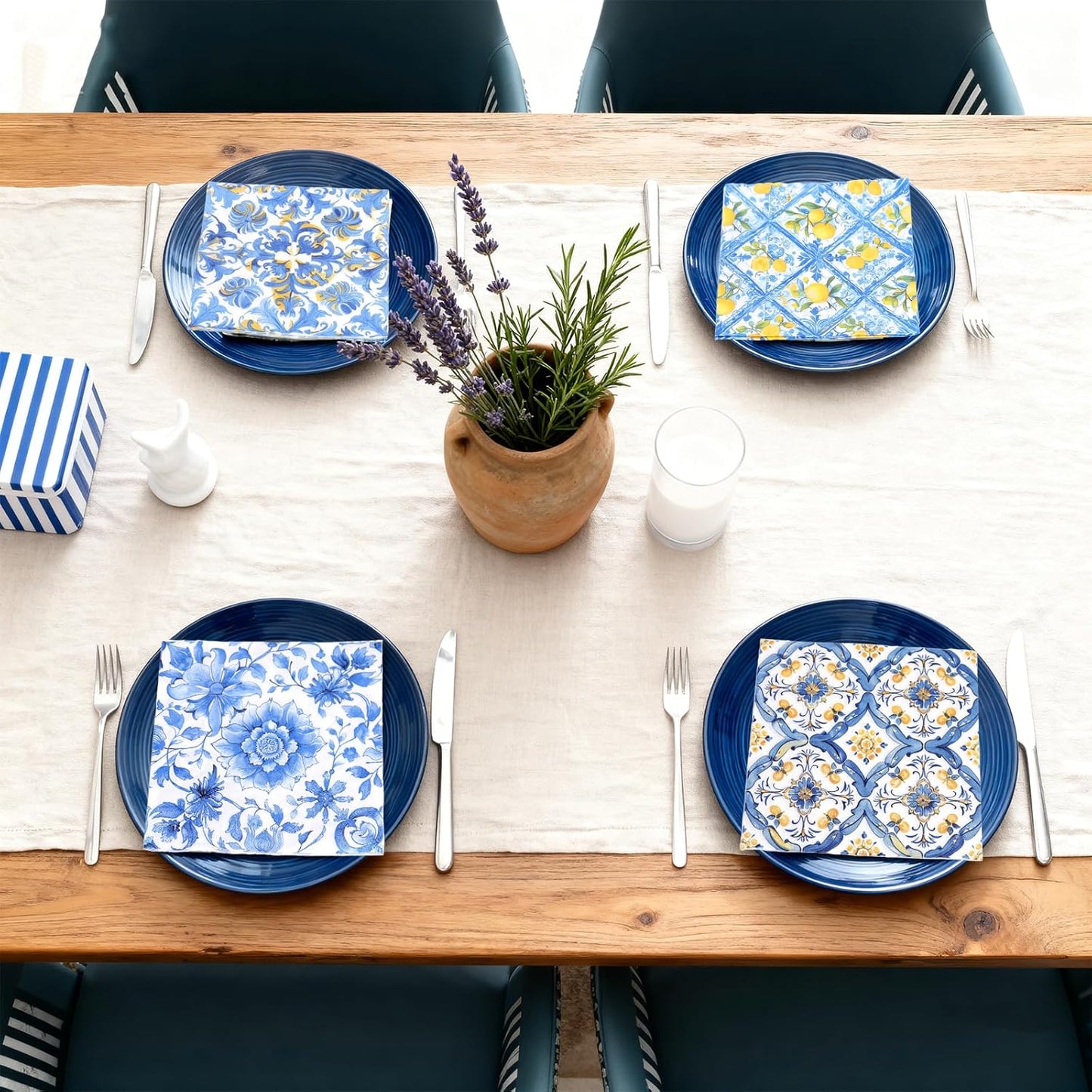 72pcs Mediterranean Luncheon Napkins – 3-Ply Paper Napkins with Mixed 9 Amalfi Coast Designs, Blue & Yellow Italian Lemon Tile Table Napkins, 13x13 inch for Dining & Party Décor