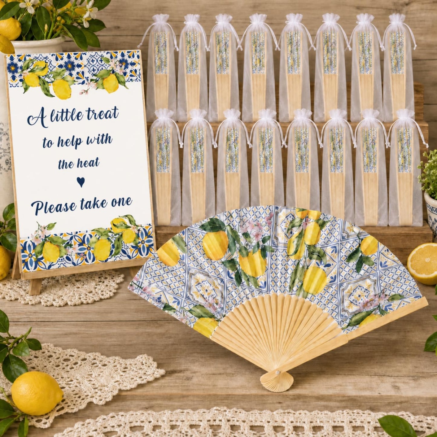 51 Pcs Wedding Favors for Guests Bulk 25 Wedding Foldable Hand Fans Capri Lemon Handheld Paper Fans with 25 Organza Bags and a Table Sign for Bridal Shower Favor Appreciation