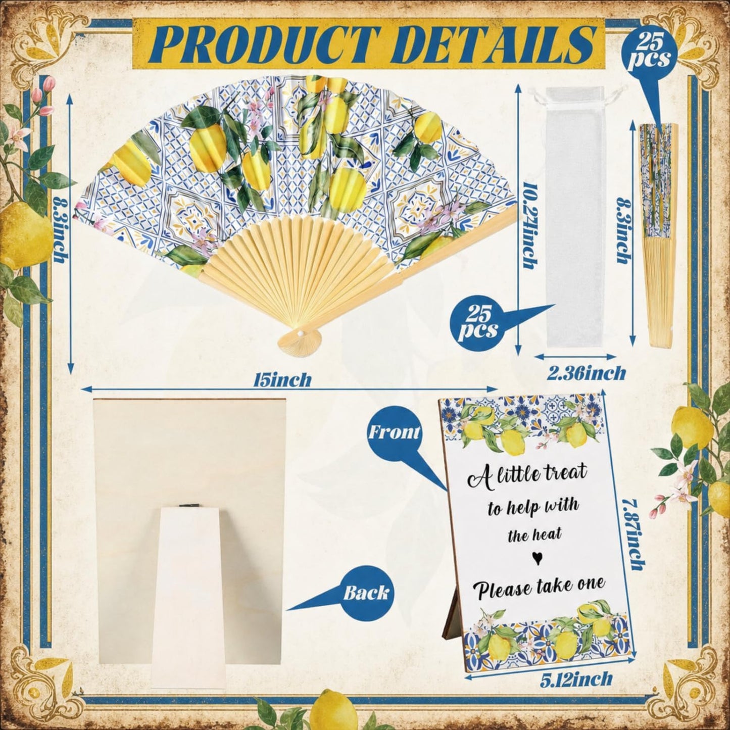 51 Pcs Wedding Favors for Guests Bulk 25 Wedding Foldable Hand Fans Capri Lemon Handheld Paper Fans with 25 Organza Bags and a Table Sign for Bridal Shower Favor Appreciation