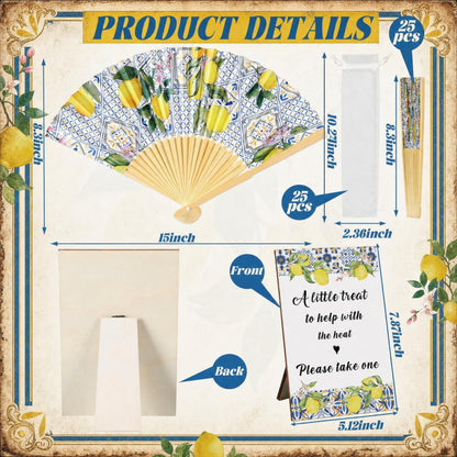 51 Pcs Wedding Favors for Guests Bulk 25 Wedding Foldable Hand Fans Capri Lemon Handheld Paper Fans with 25 Organza Bags and a Table Sign for Bridal Shower Favor Appreciation
