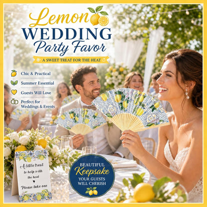 51 Pcs Wedding Favors for Guests Bulk 25 Wedding Foldable Hand Fans Capri Lemon Handheld Paper Fans with 25 Organza Bags and a Table Sign for Bridal Shower Favor Appreciation