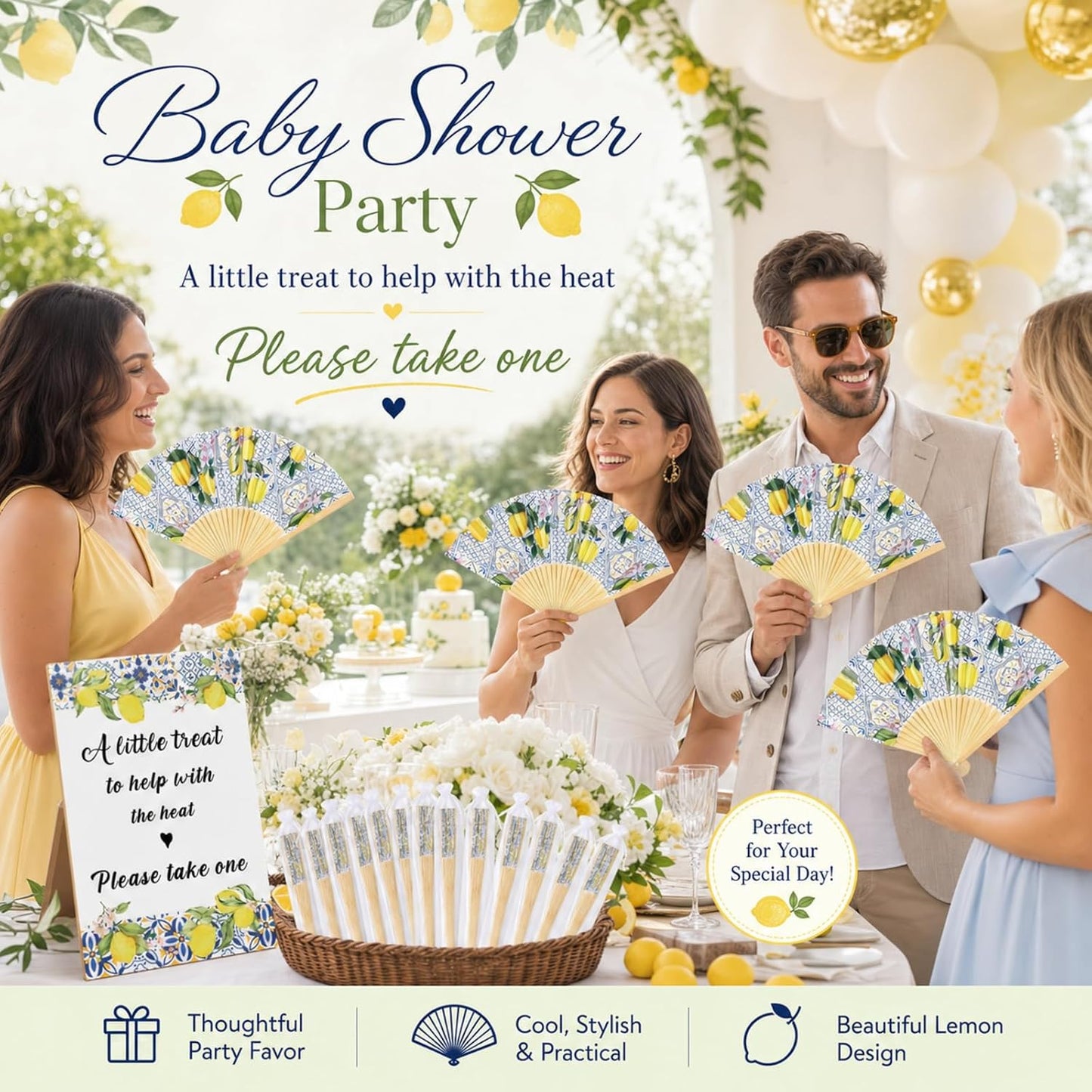 51 Pcs Wedding Favors for Guests Bulk 25 Wedding Foldable Hand Fans Capri Lemon Handheld Paper Fans with 25 Organza Bags and a Table Sign for Bridal Shower Favor Appreciation