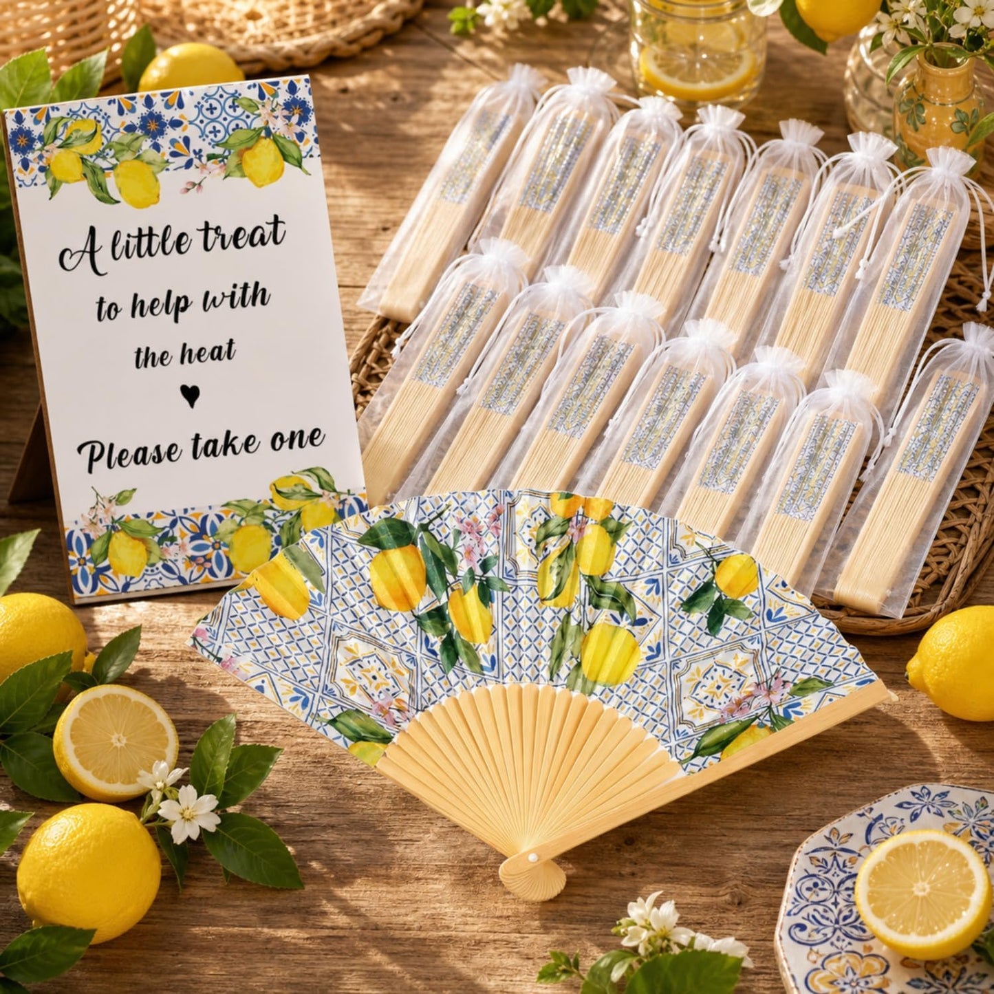 51 Pcs Wedding Favors for Guests Bulk 25 Wedding Foldable Hand Fans Capri Lemon Handheld Paper Fans with 25 Organza Bags and a Table Sign for Bridal Shower Favor Appreciation