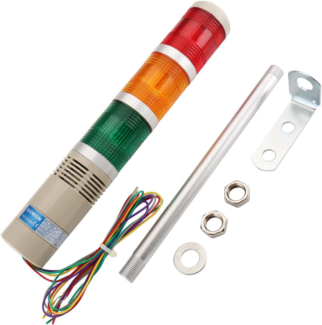 24V DC Industrial Signal Tower Light with Buzzer, Red Yellow Green LED Continuous Warning Lamp, LTA-502TJ Safety Alarm Beacon for Machinery and Factory Use