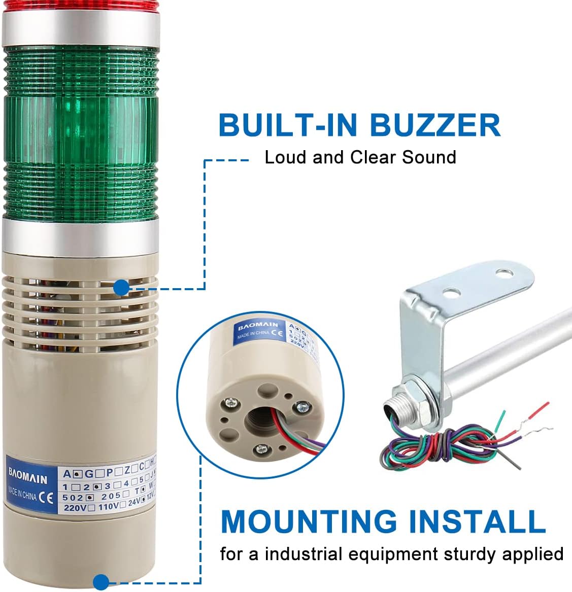 24V DC Industrial Signal Tower Light with Buzzer, Red Yellow Green LED Continuous Warning Lamp, LTA-502TJ Safety Alarm Beacon for Machinery and Factory Use