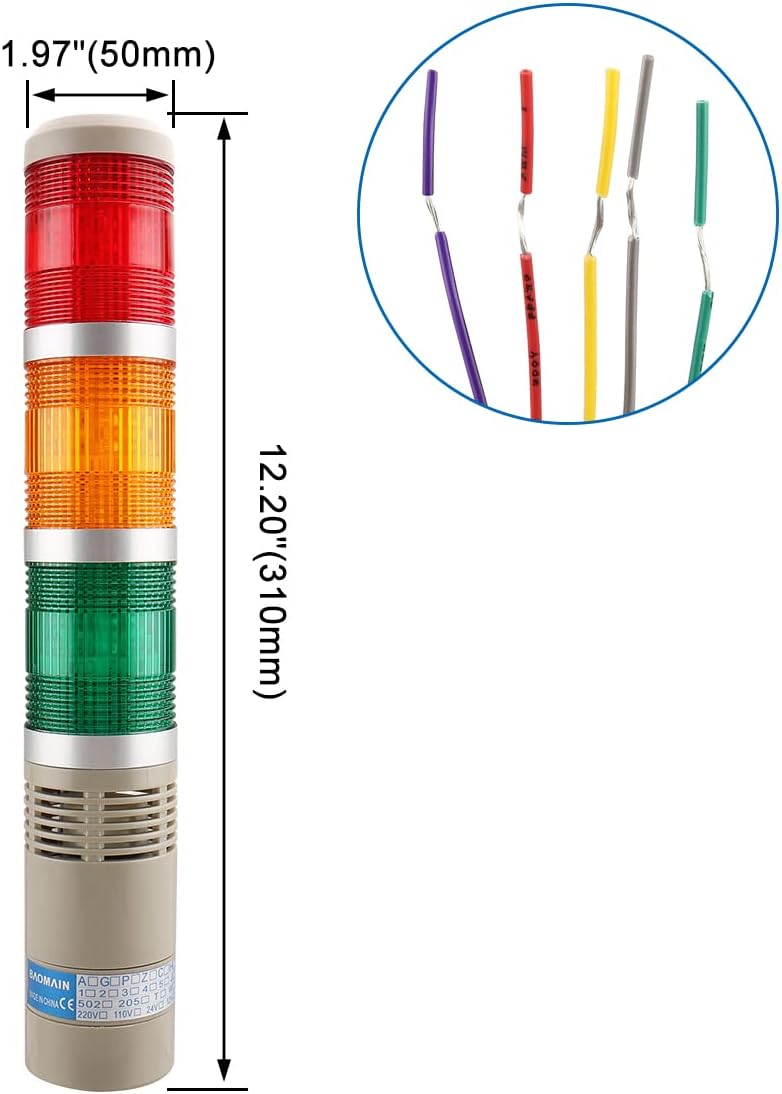 24V DC Industrial Signal Tower Light with Buzzer, Red Yellow Green LED Continuous Warning Lamp, LTA-502TJ Safety Alarm Beacon for Machinery and Factory Use