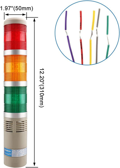 24V DC Industrial Signal Tower Light with Buzzer, Red Yellow Green LED Continuous Warning Lamp, LTA-502TJ Safety Alarm Beacon for Machinery and Factory Use