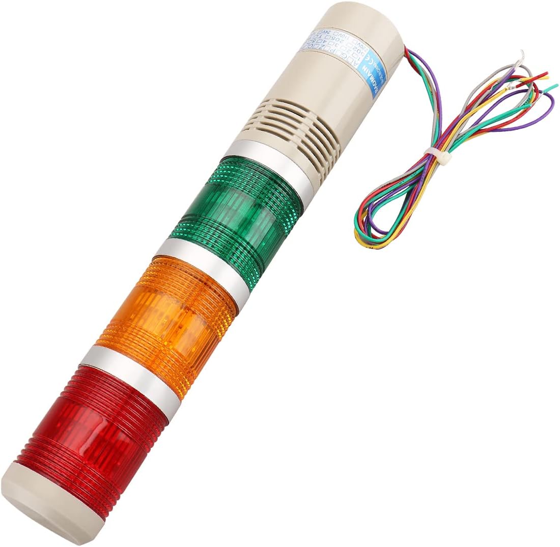 24V DC Industrial Signal Tower Light with Buzzer, Red Yellow Green LED Continuous Warning Lamp, LTA-502TJ Safety Alarm Beacon for Machinery and Factory Use