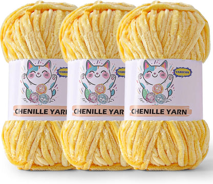 3 Pack Velvet Chenille Yarn for Crocheting and Knitting Beginners,Yellow Velvet Plush Fuzzy Fluffy Chenille Yarn for Crochet Blankets/DIY Crafts(Yellow)