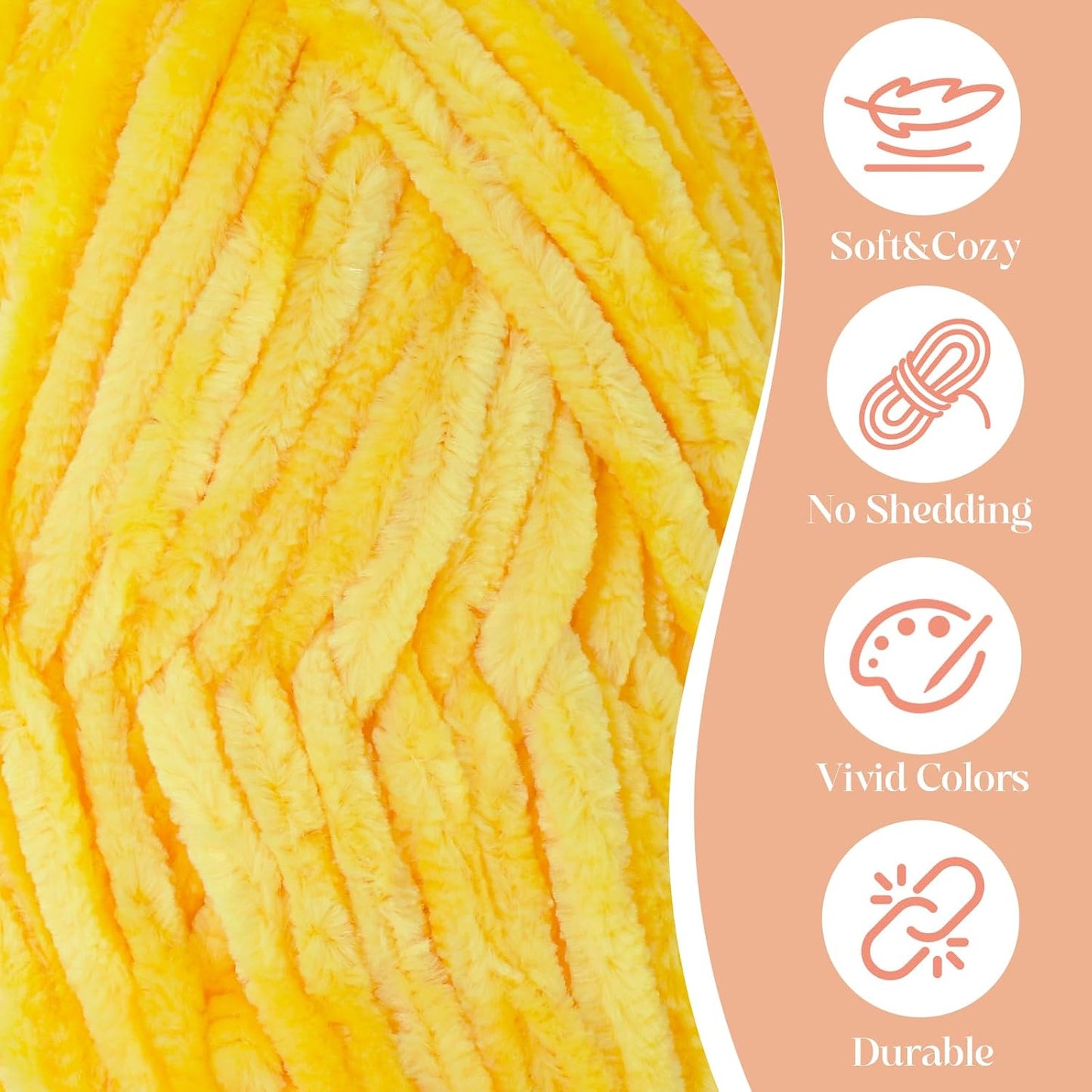 3 Pack Velvet Chenille Yarn for Crocheting and Knitting Beginners,Yellow Velvet Plush Fuzzy Fluffy Chenille Yarn for Crochet Blankets/DIY Crafts(Yellow)