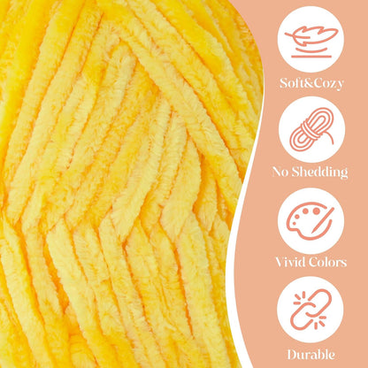 3 Pack Velvet Chenille Yarn for Crocheting and Knitting Beginners,Yellow Velvet Plush Fuzzy Fluffy Chenille Yarn for Crochet Blankets/DIY Crafts(Yellow)