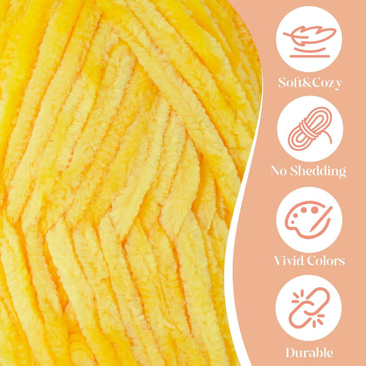3 Pack Velvet Chenille Yarn for Crocheting and Knitting Beginners,Yellow Velvet Plush Fuzzy Fluffy Chenille Yarn for Crochet Blankets/DIY Crafts(Yellow)