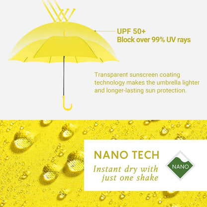 UV Stick Umbrella Auto Open UPF 50+ with J Hook Handle 51IN | Automatic Open Wind-Resistant Umbrella for Adults Fits 2 People, J Hook Handle, Fast-Drying