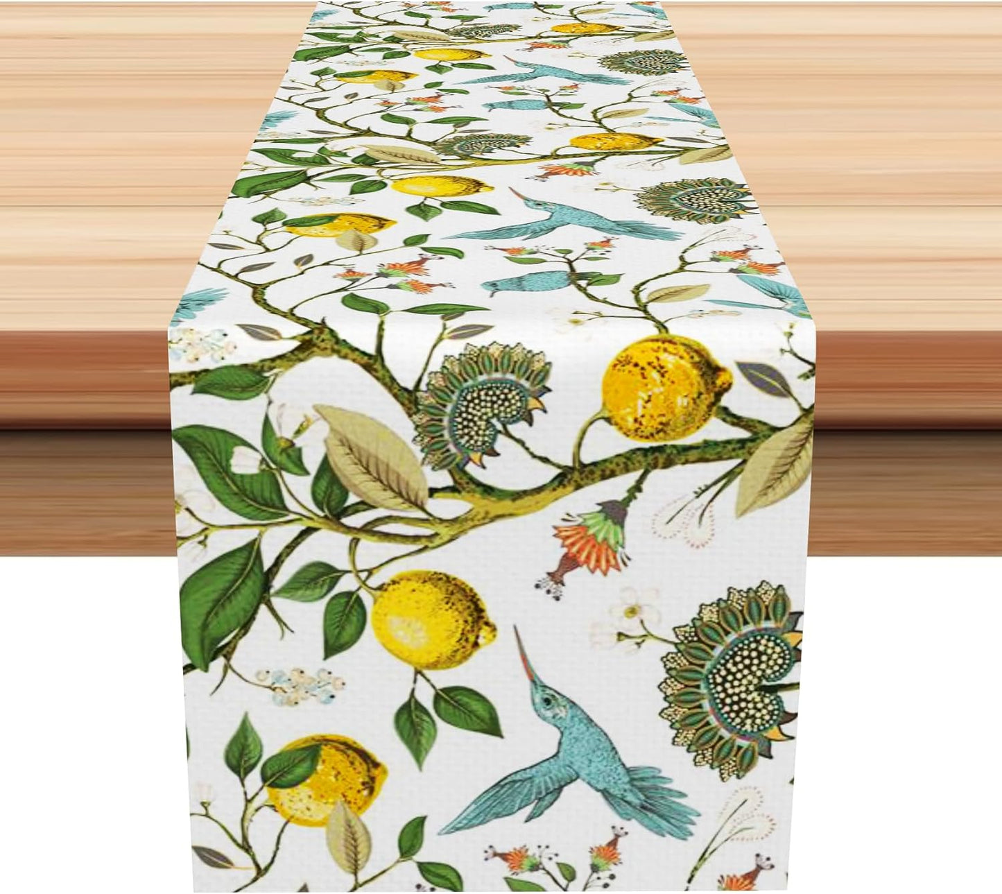 Lemon Tree Blue Bird Flower Table Runner 13x72 inch Summer Teal and Yellow Washable Table Center Decor for Kitchen Dining Party Holiday Home Decor