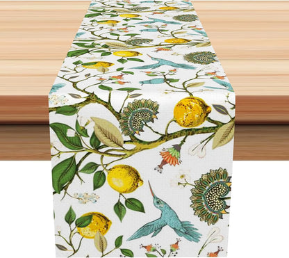 Lemon Tree Blue Bird Flower Table Runner 13x72 inch Summer Teal and Yellow Washable Table Center Decor for Kitchen Dining Party Holiday Home Decor