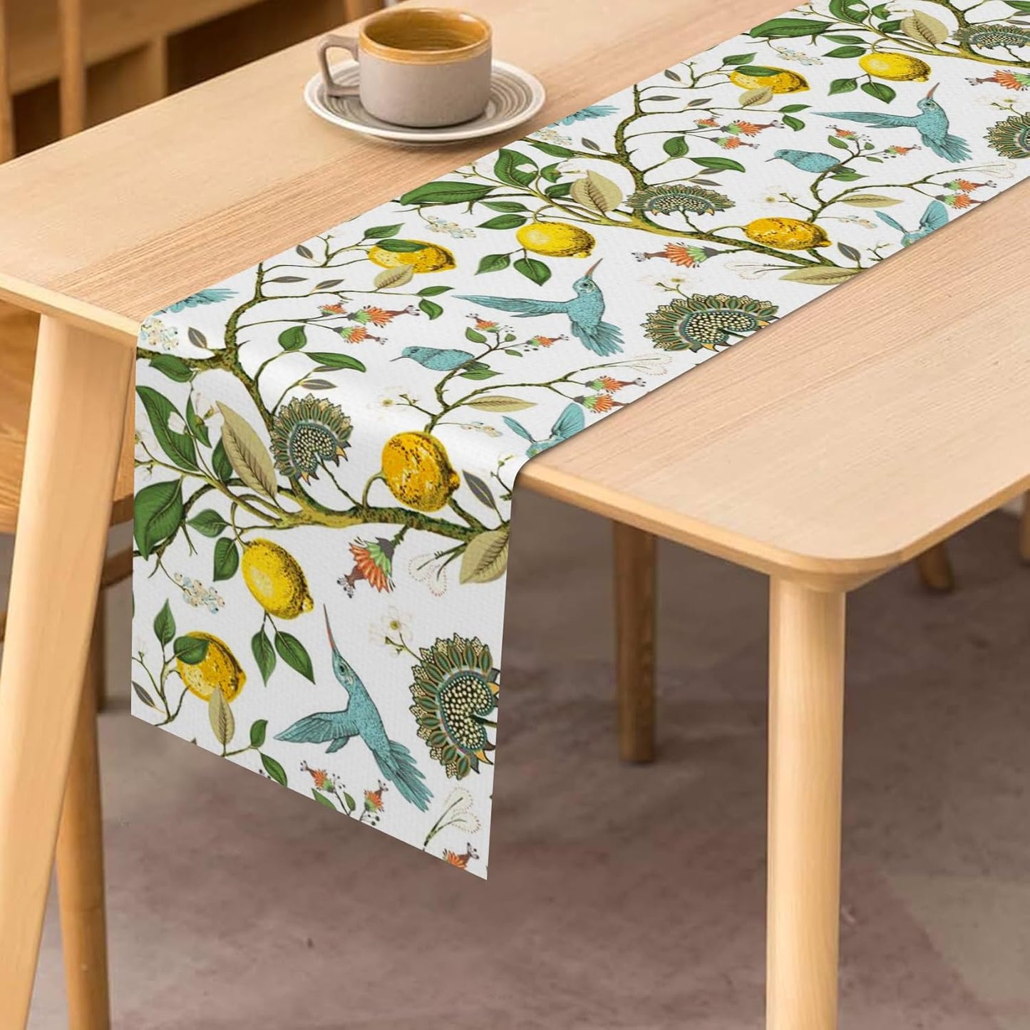 Lemon Tree Blue Bird Flower Table Runner 13x72 inch Summer Teal and Yellow Washable Table Center Decor for Kitchen Dining Party Holiday Home Decor