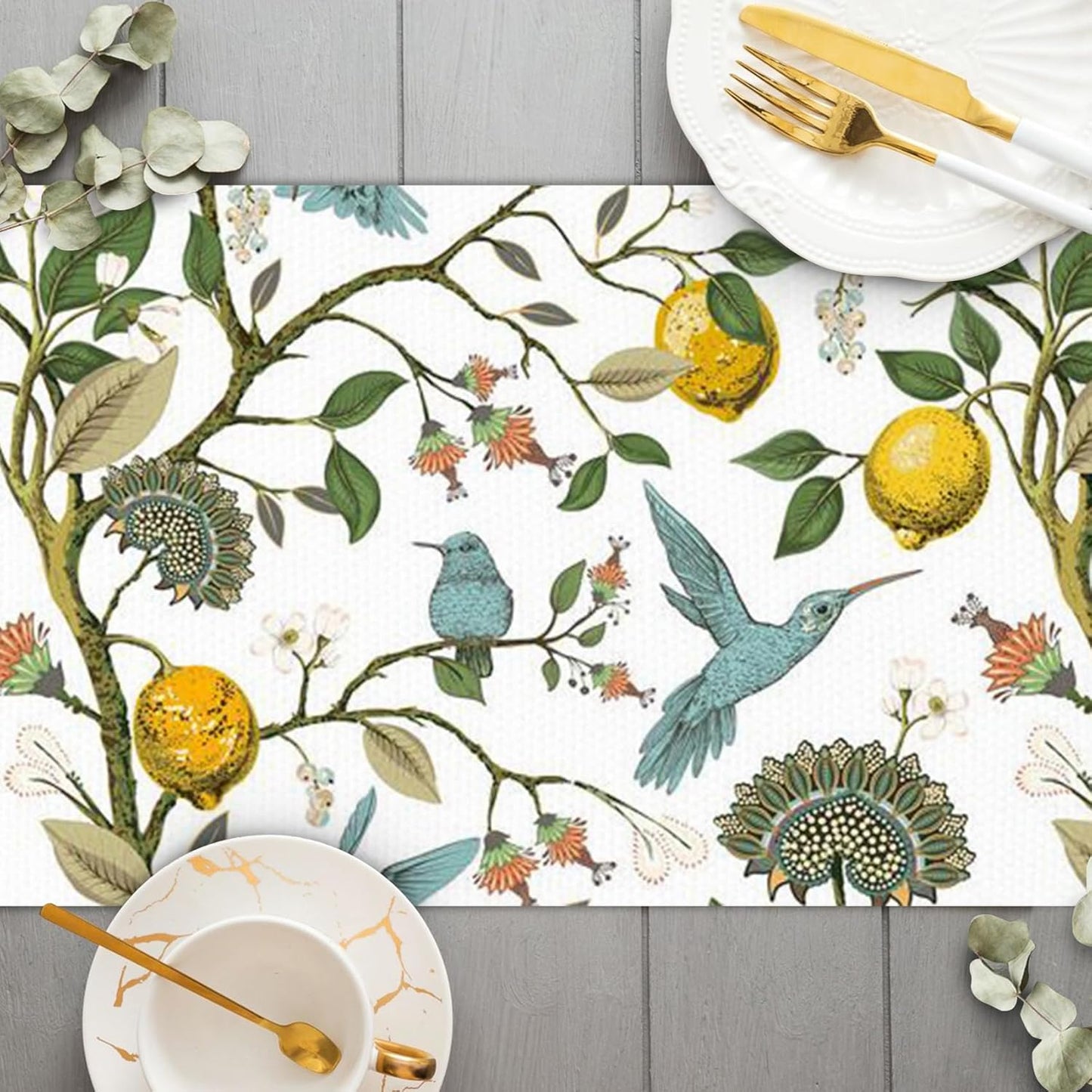 Lemon Tree Blue Bird Flower Table Runner 13x72 inch Summer Teal and Yellow Washable Table Center Decor for Kitchen Dining Party Holiday Home Decor