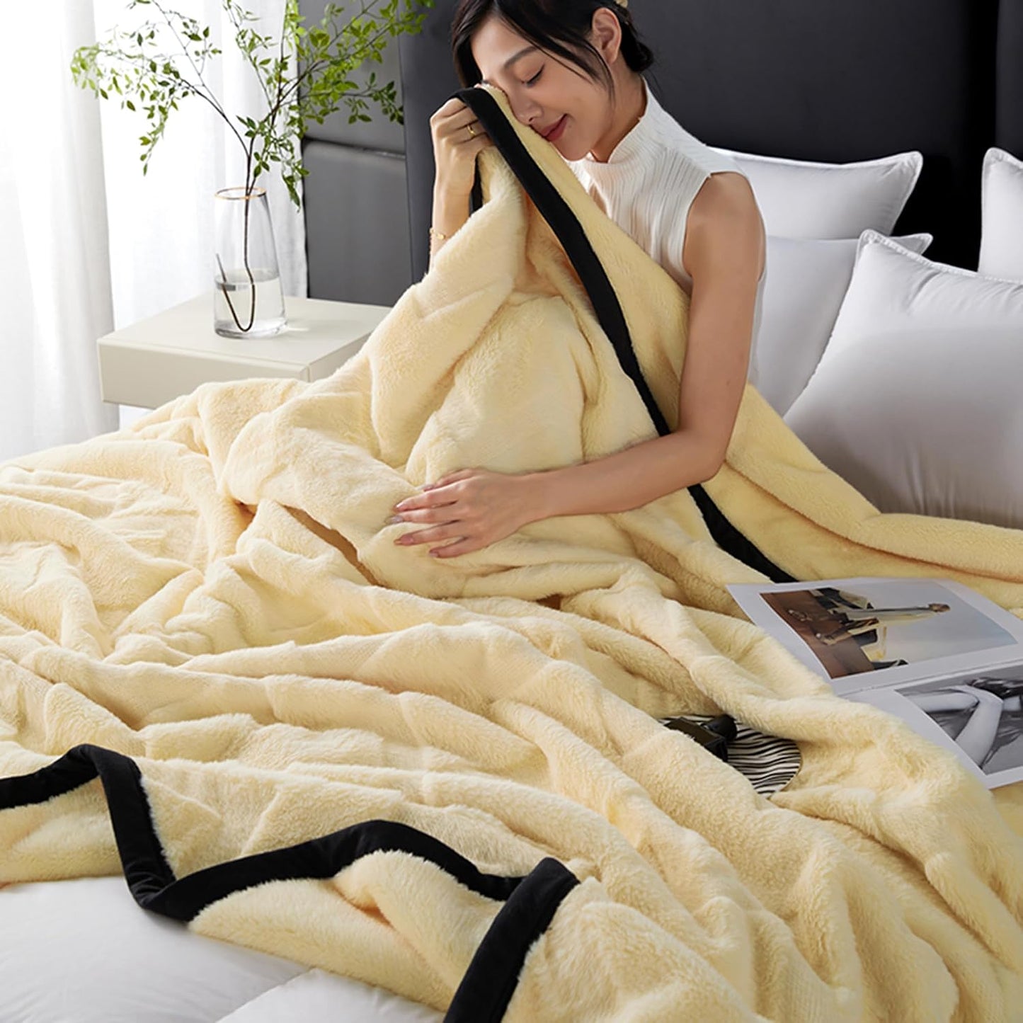 Winter Blankets Queen Size, Throw Blanket for Couch Decorative, Rabbit Plush Faux Fur Throw Blanket for Bed, Fluffy Soft Cozy Thick Warm Christmas Blanket, Twin Blanket(100x150 cm,Yellow)