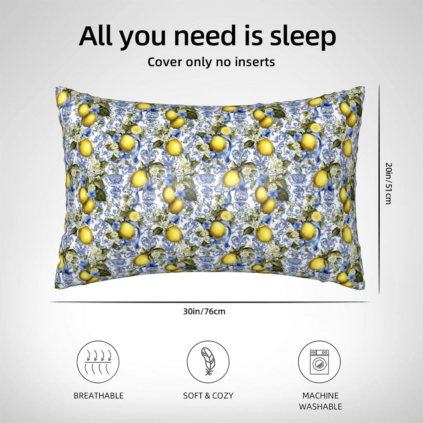 Yellow Lemon Sky Blue Floral Print Satin Pillowcase for Hair and Skin, 20x30 Inches Pillow Cases, Queen Size Pillowcases with Zipper, Similar to Silk Pillow Covers