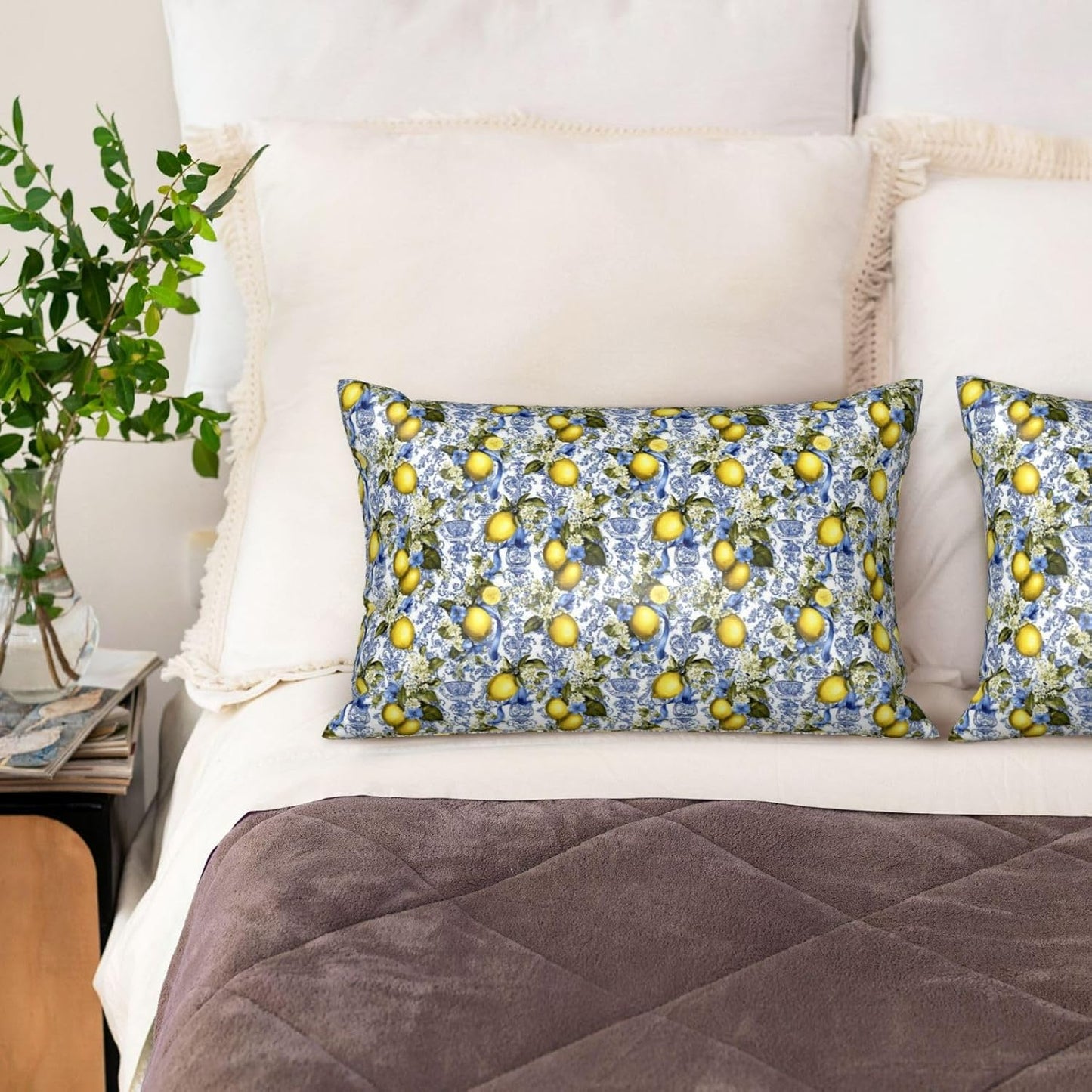 Yellow Lemon Sky Blue Floral Print Satin Pillowcase for Hair and Skin, 20x30 Inches Pillow Cases, Queen Size Pillowcases with Zipper, Similar to Silk Pillow Covers