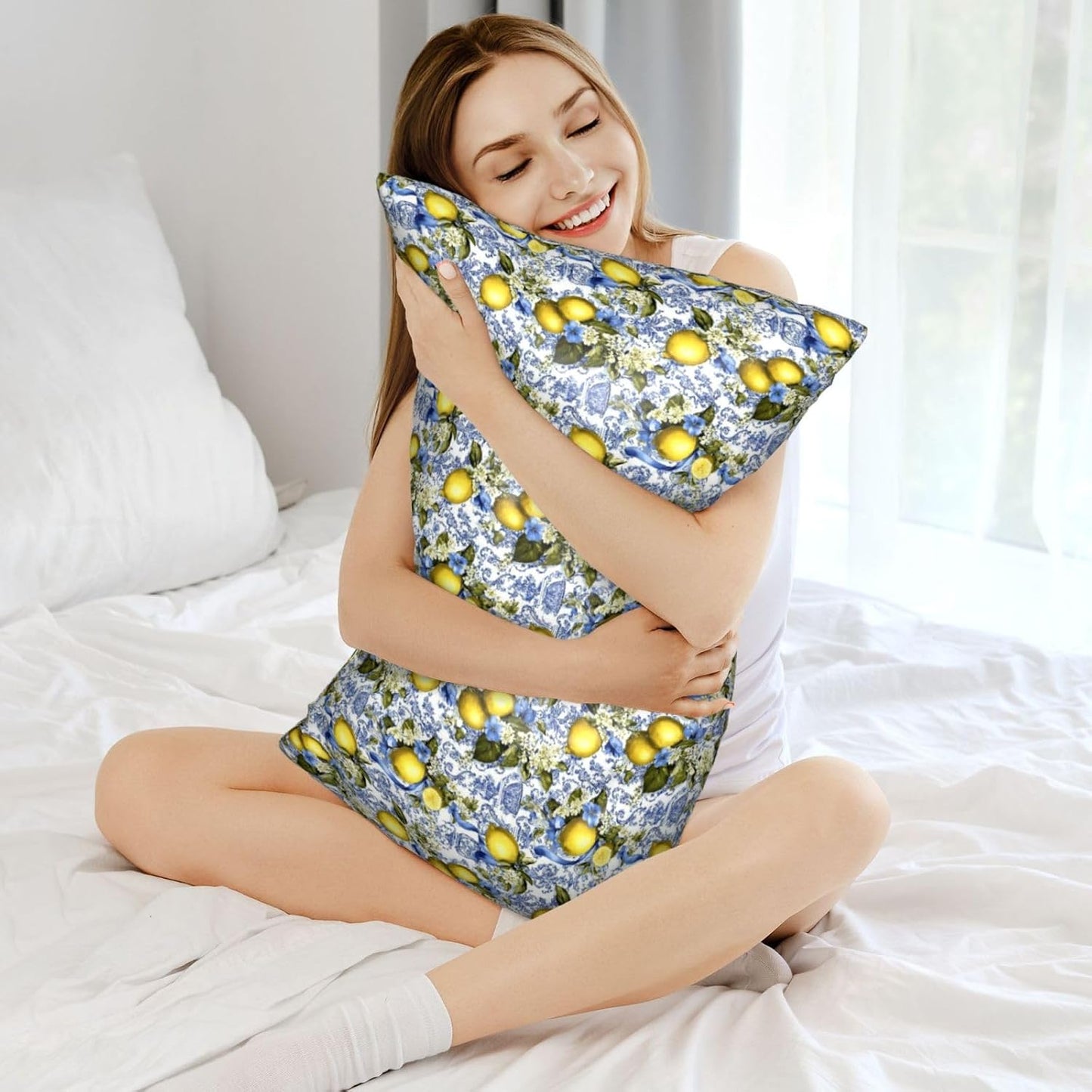 Yellow Lemon Sky Blue Floral Print Satin Pillowcase for Hair and Skin, 20x30 Inches Pillow Cases, Queen Size Pillowcases with Zipper, Similar to Silk Pillow Covers