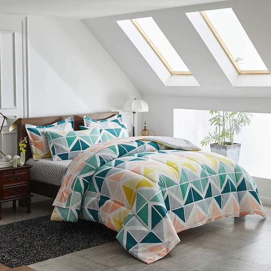 Bed in a Bag 7 Pieces Queen Size Yellow Green Triangles Print - Soft Microfiber Reversible Bed Comforter Set (1 Comforter 2 Pillow Shams 1 Flat Sheet 1 Fitted Sheet 2 Pillowcases)