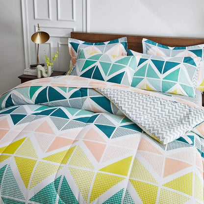 Bed in a Bag 7 Pieces Queen Size Yellow Green Triangles Print - Soft Microfiber Reversible Bed Comforter Set (1 Comforter 2 Pillow Shams 1 Flat Sheet 1 Fitted Sheet 2 Pillowcases)