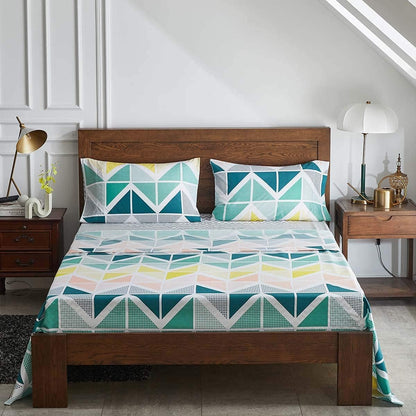 Bed in a Bag 7 Pieces Queen Size Yellow Green Triangles Print - Soft Microfiber Reversible Bed Comforter Set (1 Comforter 2 Pillow Shams 1 Flat Sheet 1 Fitted Sheet 2 Pillowcases)