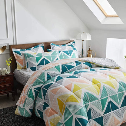 Bed in a Bag 7 Pieces Queen Size Yellow Green Triangles Print - Soft Microfiber Reversible Bed Comforter Set (1 Comforter 2 Pillow Shams 1 Flat Sheet 1 Fitted Sheet 2 Pillowcases)