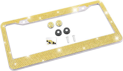 Rhinestone Stainless Steel Car License Plate Frame, Yellow | handcrafted decorative surface, mounting screw set included, fits most cars, SUVs, and trucks, car exterior accessories