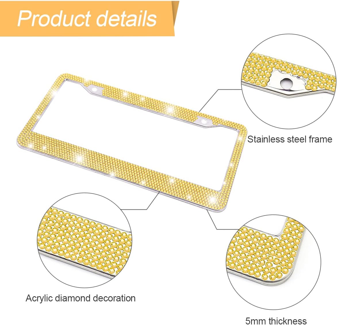 Rhinestone Stainless Steel Car License Plate Frame, Yellow | handcrafted decorative surface, mounting screw set included, fits most cars, SUVs, and trucks, car exterior accessories