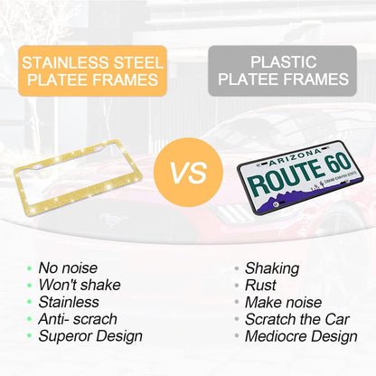 Rhinestone Stainless Steel Car License Plate Frame, Yellow | handcrafted decorative surface, mounting screw set included, fits most cars, SUVs, and trucks, car exterior accessories