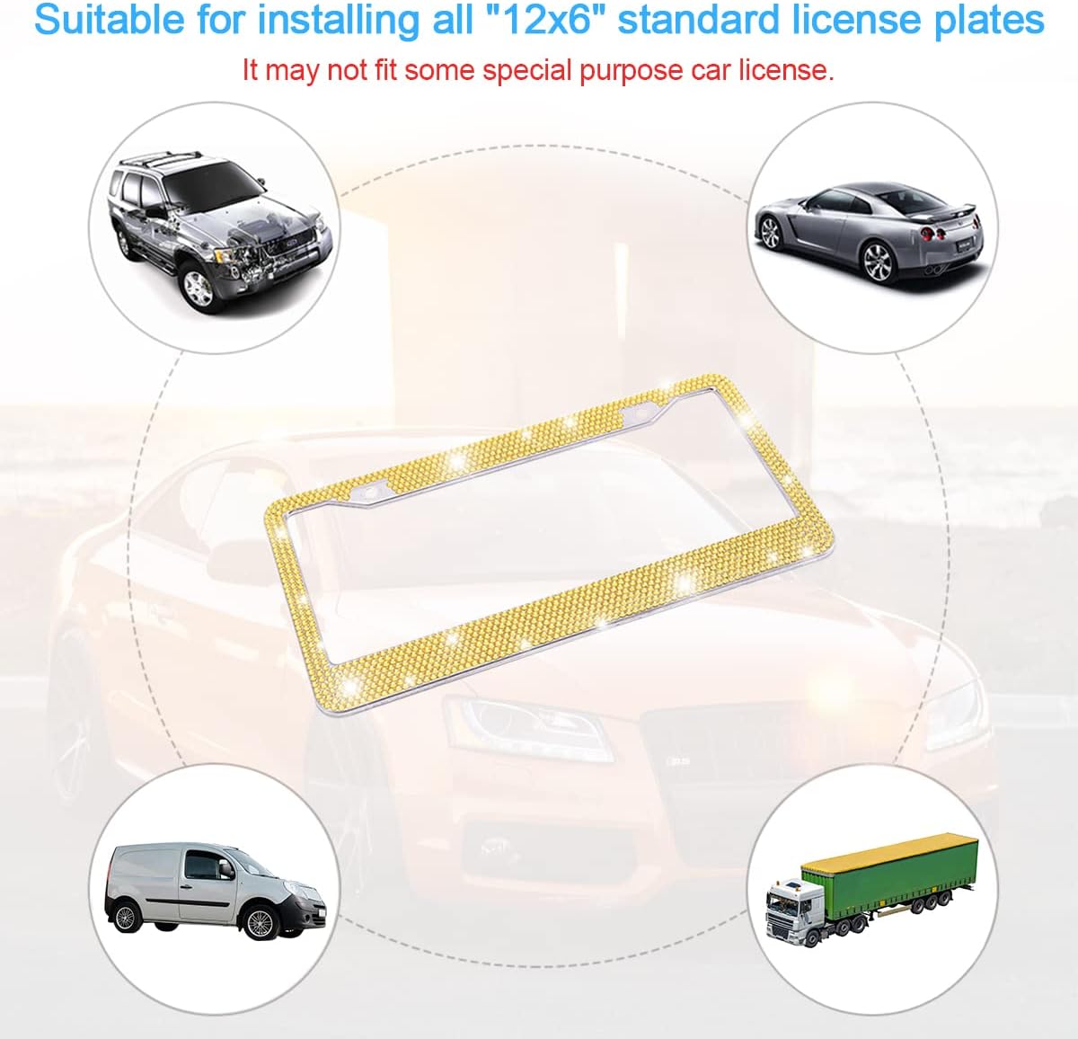 Rhinestone Stainless Steel Car License Plate Frame, Yellow | handcrafted decorative surface, mounting screw set included, fits most cars, SUVs, and trucks, car exterior accessories