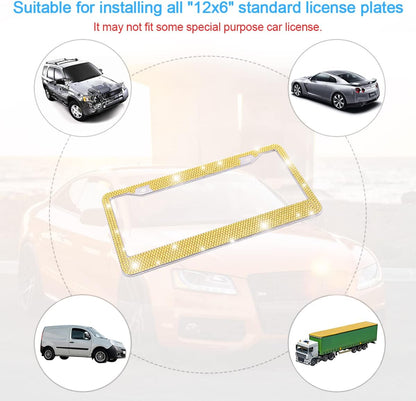 Rhinestone Stainless Steel Car License Plate Frame, Yellow | handcrafted decorative surface, mounting screw set included, fits most cars, SUVs, and trucks, car exterior accessories