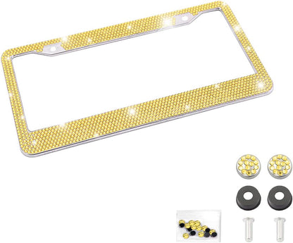 Rhinestone Stainless Steel Car License Plate Frame, Yellow | handcrafted decorative surface, mounting screw set included, fits most cars, SUVs, and trucks, car exterior accessories