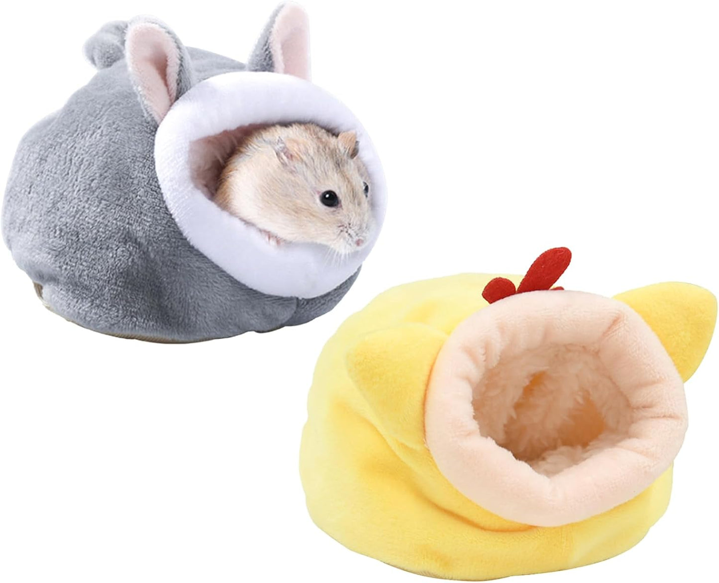 Guinea Pig Bed, Cozy Rabbit Houses and Hideouts, Washable Guinea Pig Hideout Fleece Bedding Sleeping, Winter Warm Bunny Bed House for Small Pets Squirrel Cage Accessories (Gray+Yellow, Small)