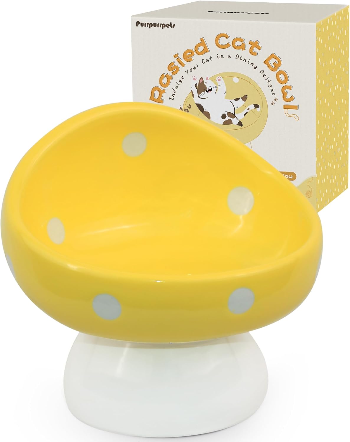Raised Ceramic Cat Bowl, Mushroom Cute Elevated Cat Bowls Whisker Friendly, Premium Food-Grade Ceramic, Yellow