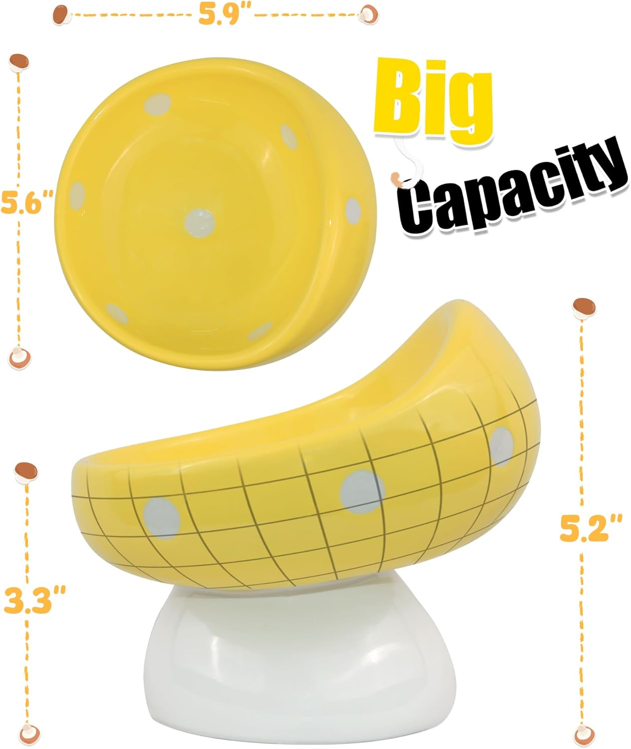 Raised Ceramic Cat Bowl, Mushroom Cute Elevated Cat Bowls Whisker Friendly, Premium Food-Grade Ceramic, Yellow