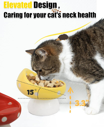 Raised Ceramic Cat Bowl, Mushroom Cute Elevated Cat Bowls Whisker Friendly, Premium Food-Grade Ceramic, Yellow