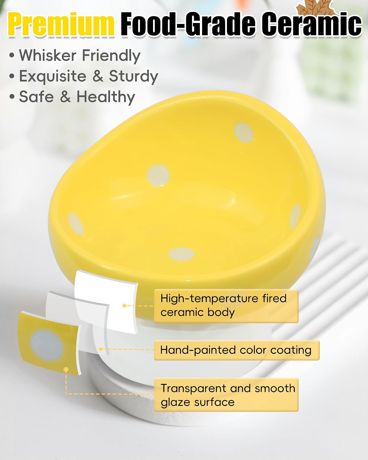Raised Ceramic Cat Bowl, Mushroom Cute Elevated Cat Bowls Whisker Friendly, Premium Food-Grade Ceramic, Yellow